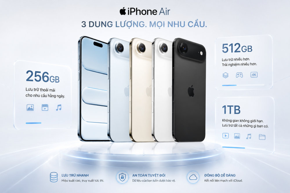 3 mức dung lượng từng xuất hiện trên iPhone Aire bao gồm 256GB, 512GB, 1TB