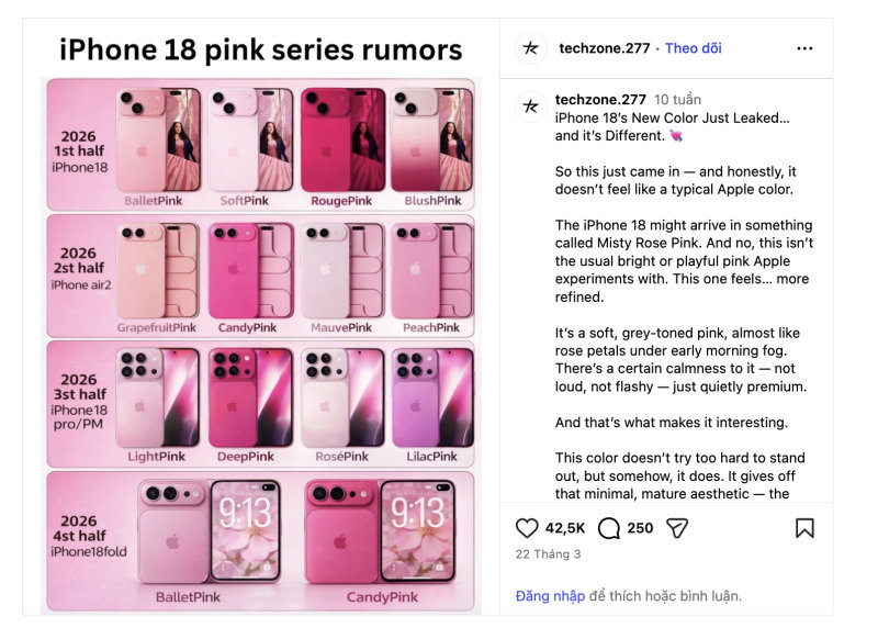 Instagram Techzone277 chia sẻ ảnh leak về các sắc độ hồng trên iPhone 18