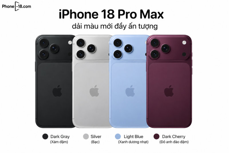 Dải màu iPhone 18 Pro Max gồm 4 màu Dark Cherry, Light Blue, Dark Gray và Silver