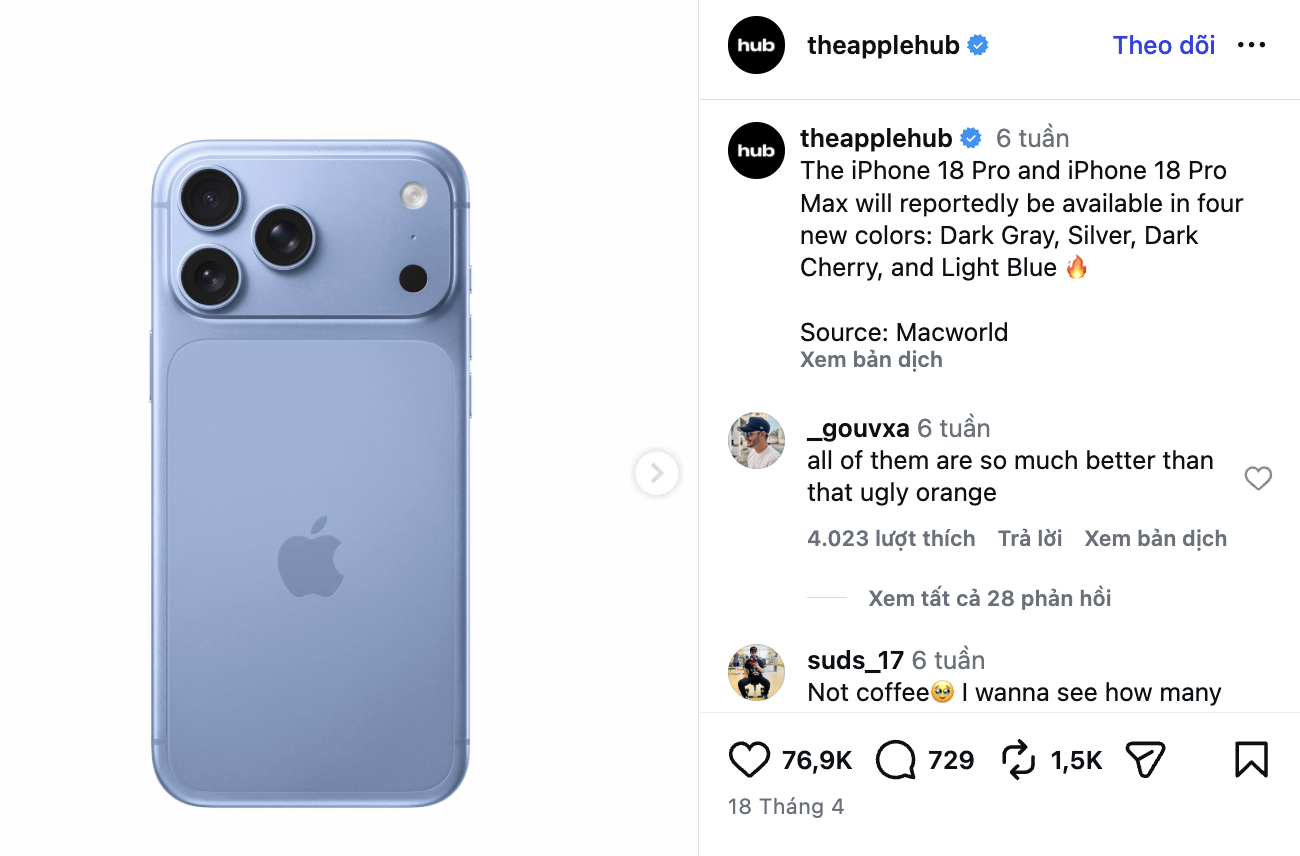 iphone 18 pro max có mấy màu - iPhone 18 Pro Max màu Light Blue theo dự đoán của The Apple Hub