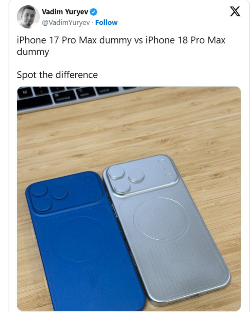 Mô hình vật lý iPhone 17 Pro Max (trái) vs. iPhone 18 Pro Max (phải), cho thấy body và khu vực camera dày hơn (Nguồn: Internet)