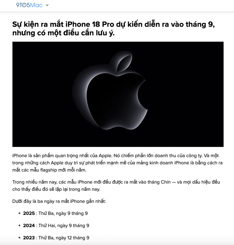 Mark Gurman (Bloomberg, 18/5/2026, dẫn qua 9to5Mac) khẳng định iPhone 18 Pro và Pro Max vẫn ra mùa Thu 2026 đúng lịch