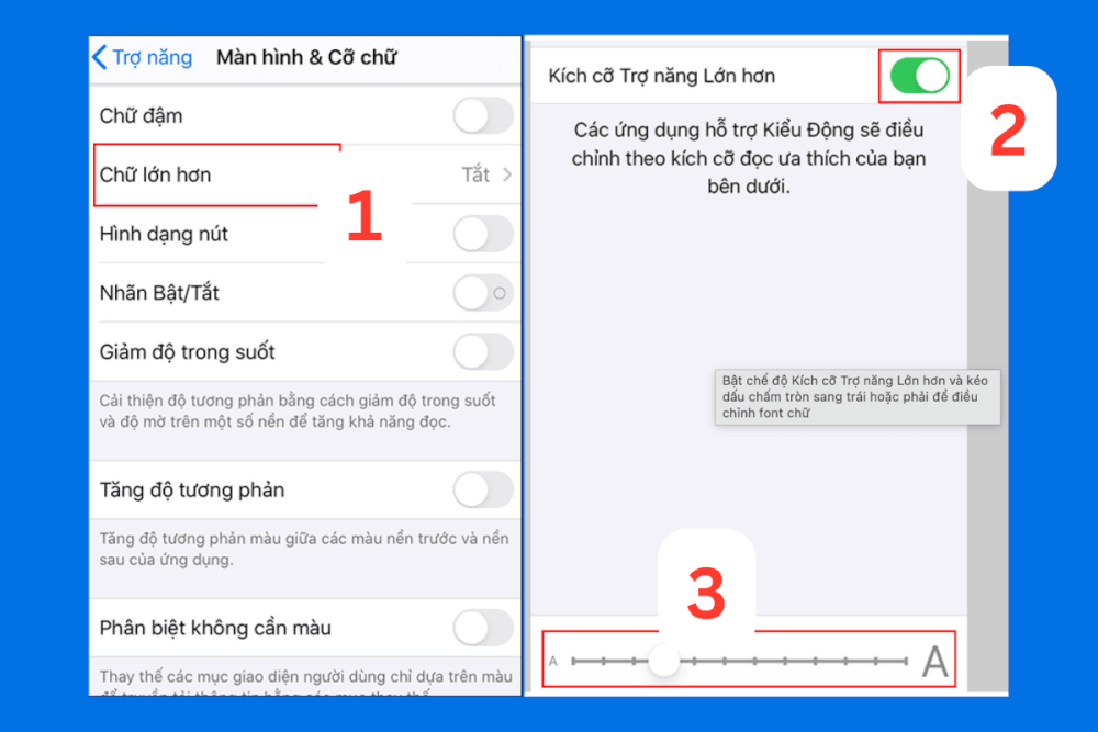 Bật Kích cỡ Trợ năng Lớn hơn để có dải chữ rộng 