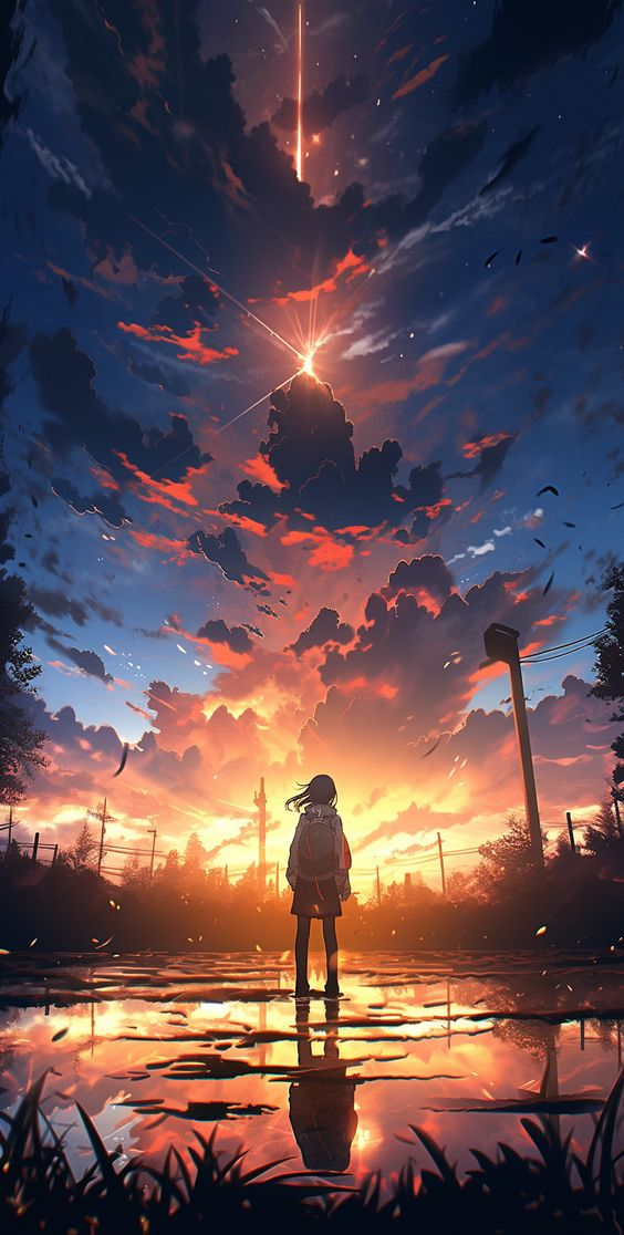 Hình nền iOS 27 phong cách anime, cô gái dõi mắt về chân trời lúc hoàng hôn kỳ ảo