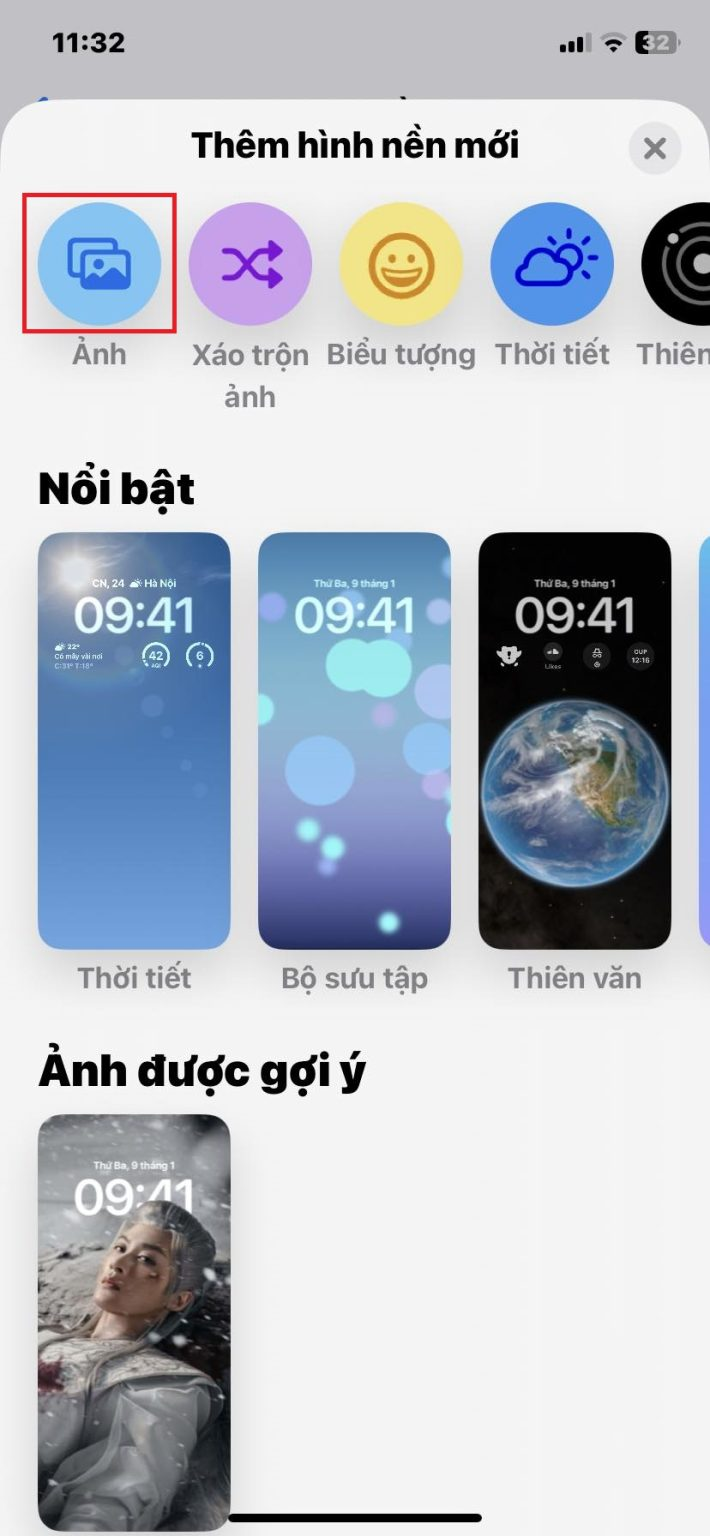 Chọn mục Ảnh để mở danh sách các hình nền đã tải về máy