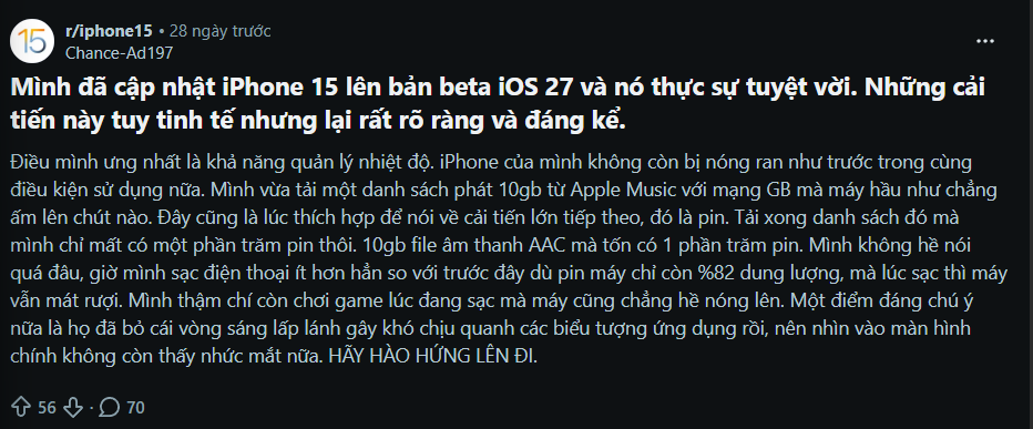 iPhone 15 khi nâng cấp lên iOS 27 nhận được khá nhiều đánh giá tích cực từ 1 bài viết trên Reddit