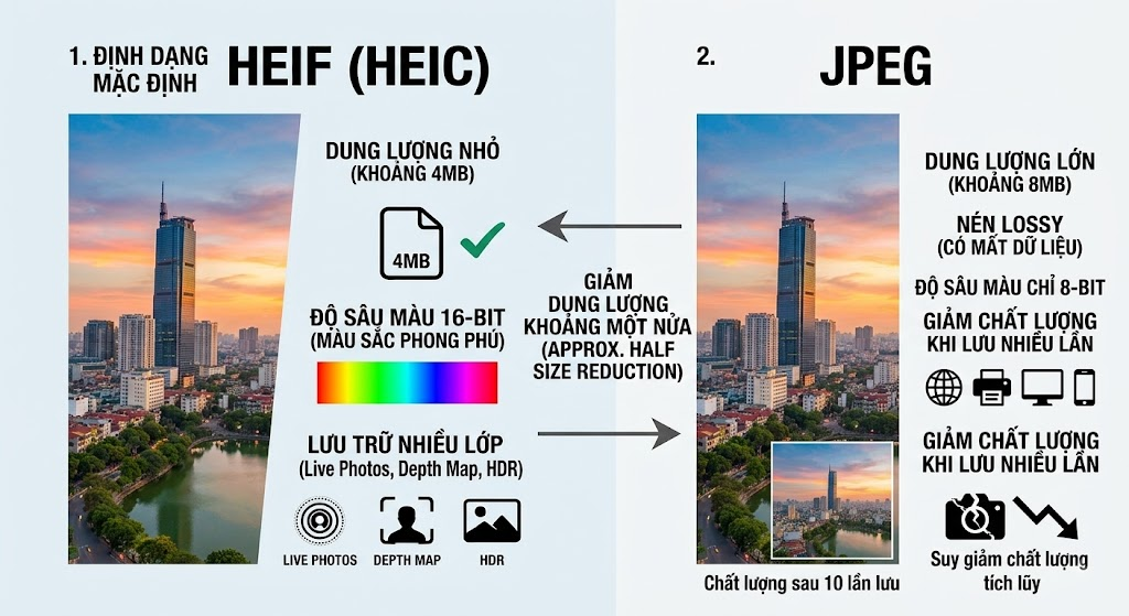 iPhone 18 định dạng ảnh HEIF JPEG DNG